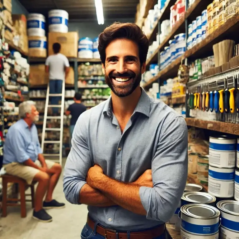 empresário dono de uma loja de material de construção sorrindo porque seu marketing está sendo bem cuidado